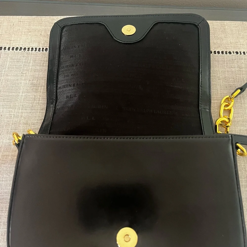 Lauren Ralph Lauren Black Patent Leather Crossbody Bag with Gold Chain - Picture 6 of 16